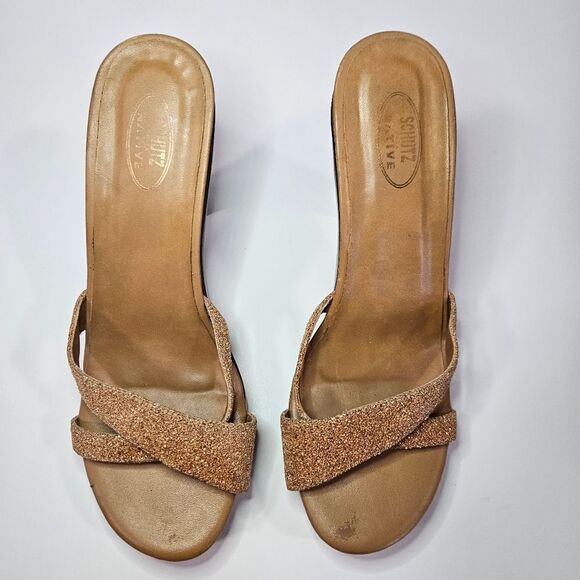Vintage Schutz Native Wooden Platform '70s Vibe Glitter Cross Front Sandals 7 - Picture 7 of 7